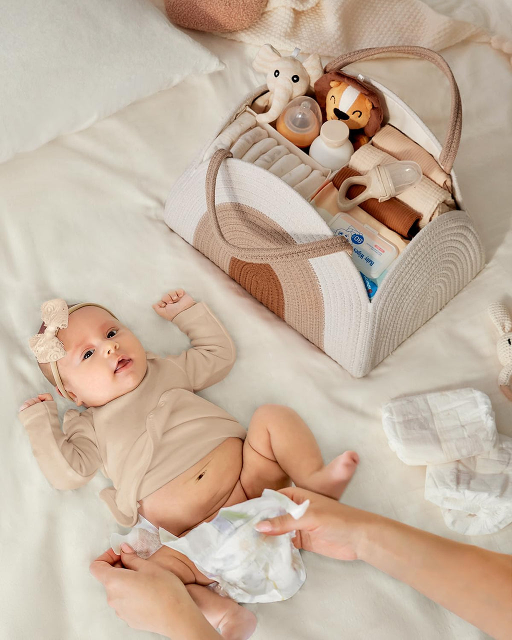 Baby Diaper Caddy Organizer, Cotton Rope Diaper Caddy Basket, Large Storage Basket 37x27x22cm For Newborn Boys And Girls, Gift For Baby Shower List, Newborn Essentials, Earthy Rainbow