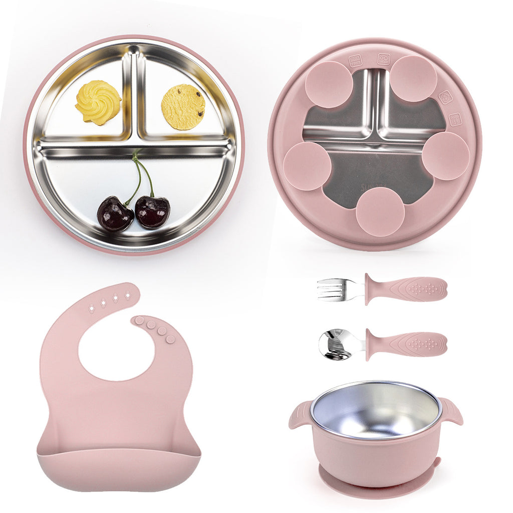 Baby Feeding Set – 304 Stainless Steel Plate with BPA-Free Silicone Bowl, Spoon, Fork & Bib