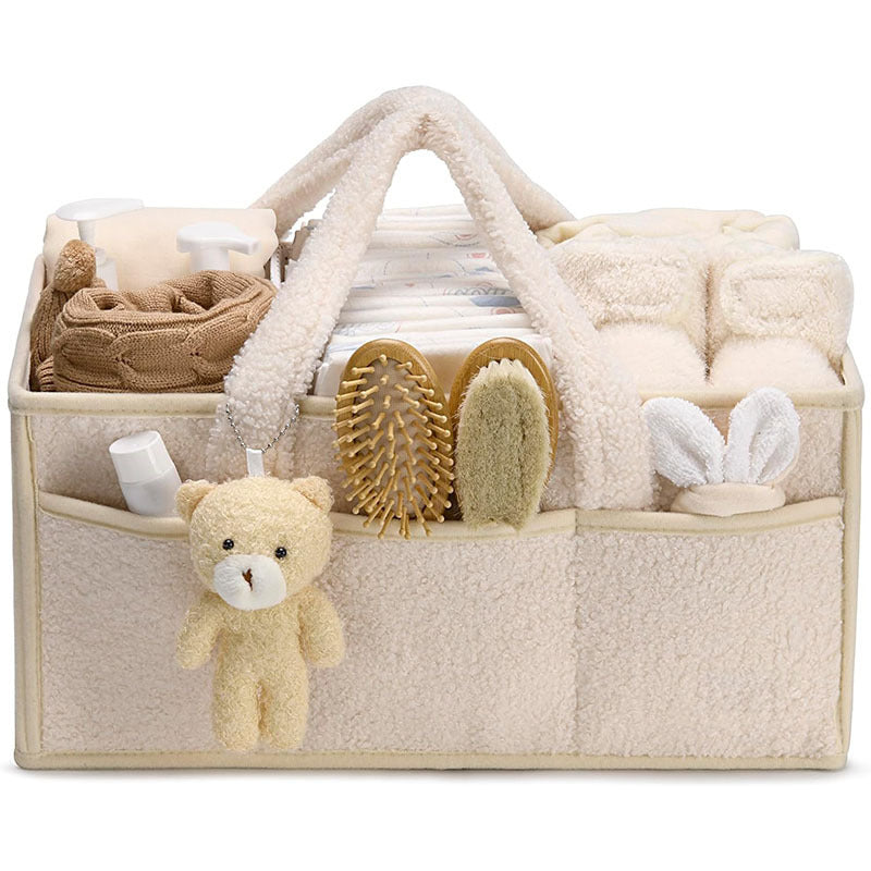 Diaper Caddy Organizer For Changing Table, Versatile Baby Diaper Caddy – Plush Sherpa Organizer with Teddy Bear Charm