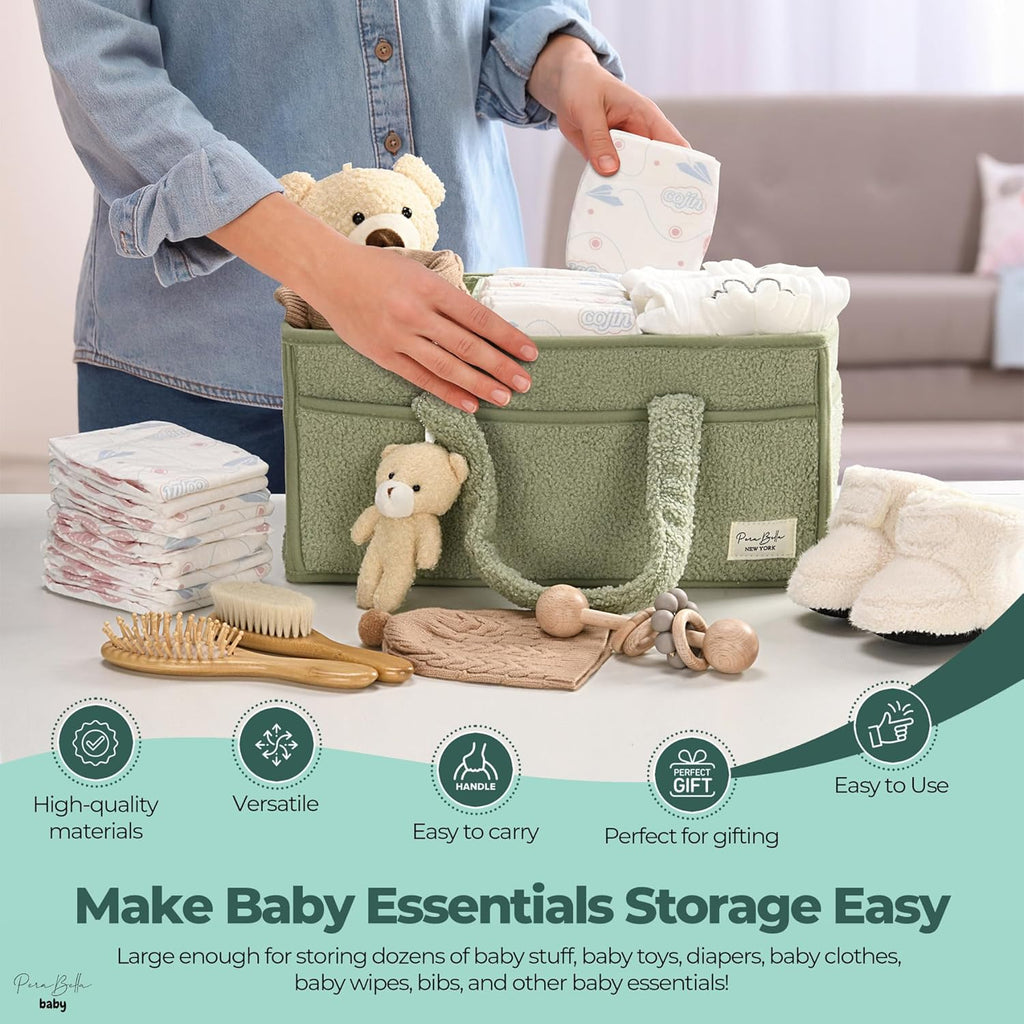 Diaper Caddy Organizer For Changing Table, Versatile Baby Diaper Caddy – Plush Sherpa Organizer with Teddy Bear Charm
