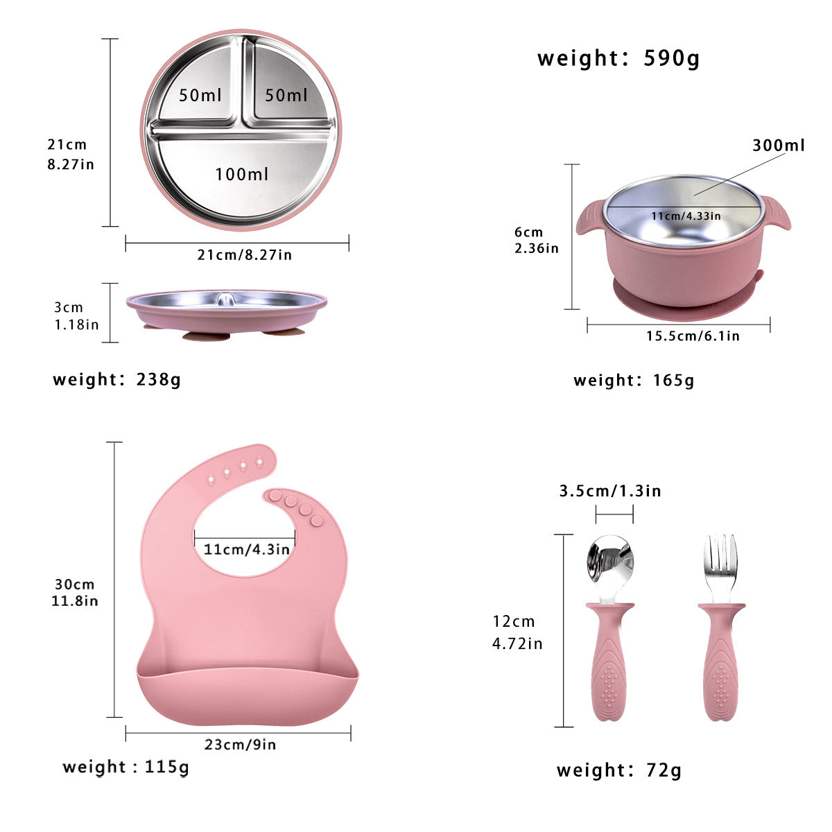 Baby Feeding Set – 304 Stainless Steel Plate with BPA-Free Silicone Bowl, Spoon, Fork & Bib