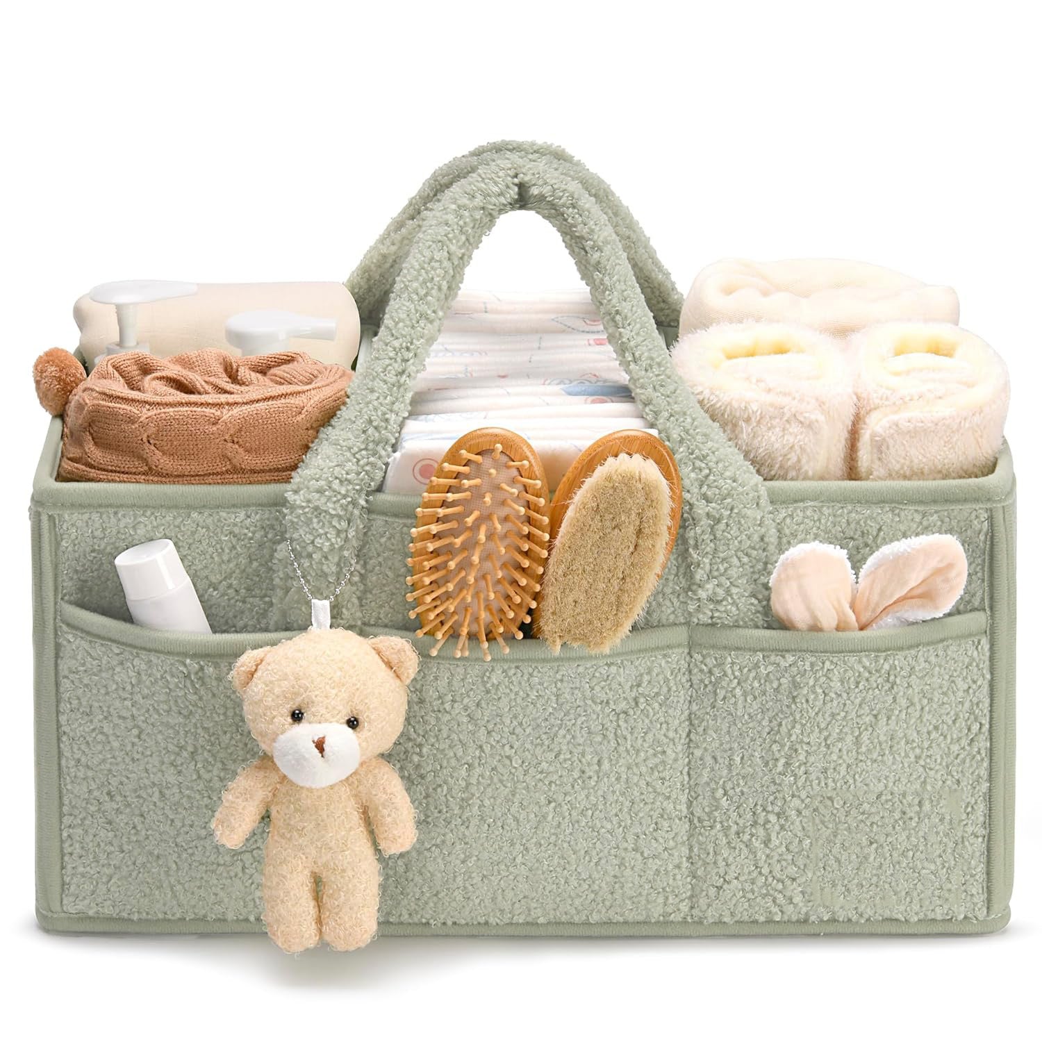 Diaper Caddy Organizer For Changing Table, Versatile Baby Diaper Caddy – Plush Sherpa Organizer with Teddy Bear Charm