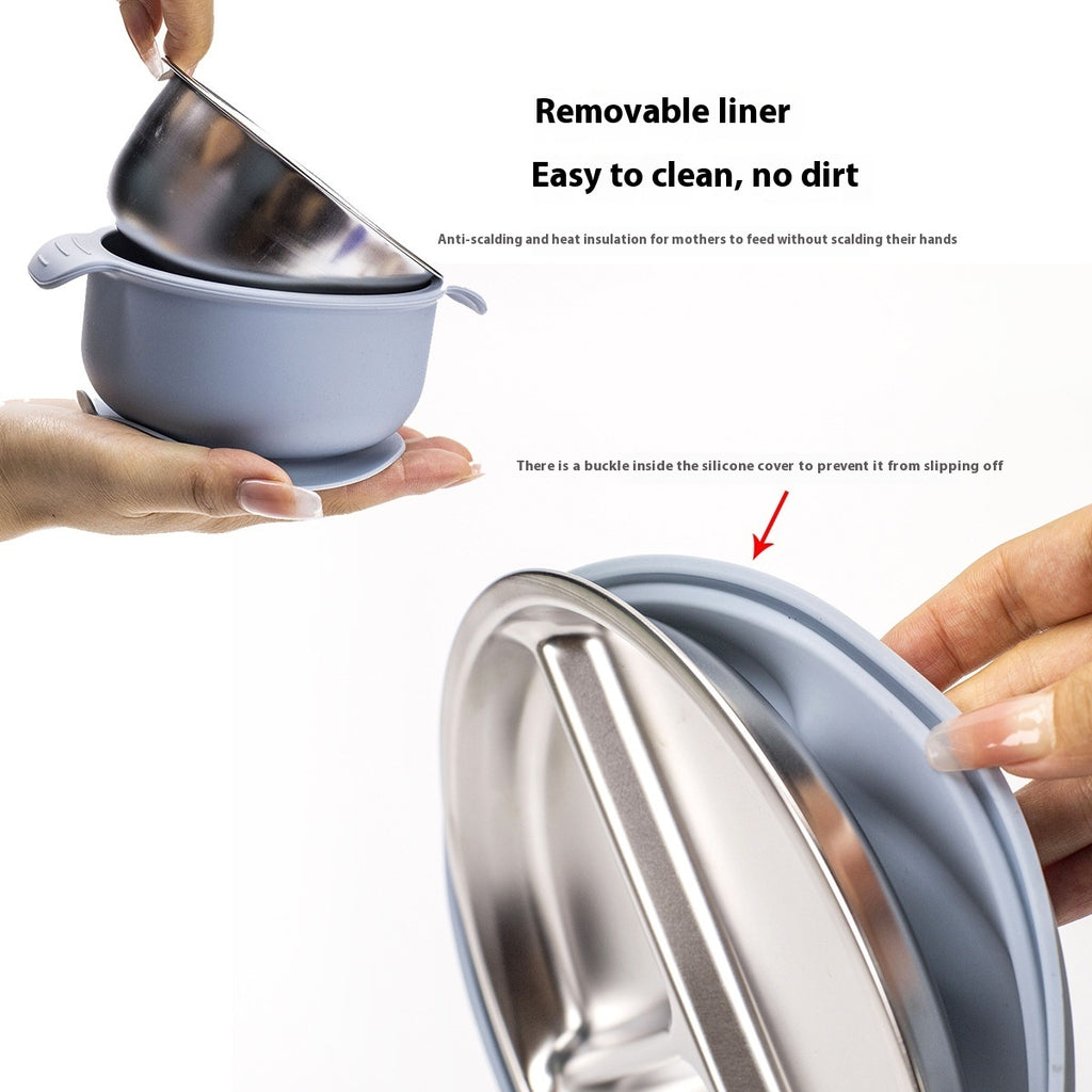 Baby Feeding Set – 304 Stainless Steel Plate with BPA-Free Silicone Bowl, Spoon, Fork & Bib