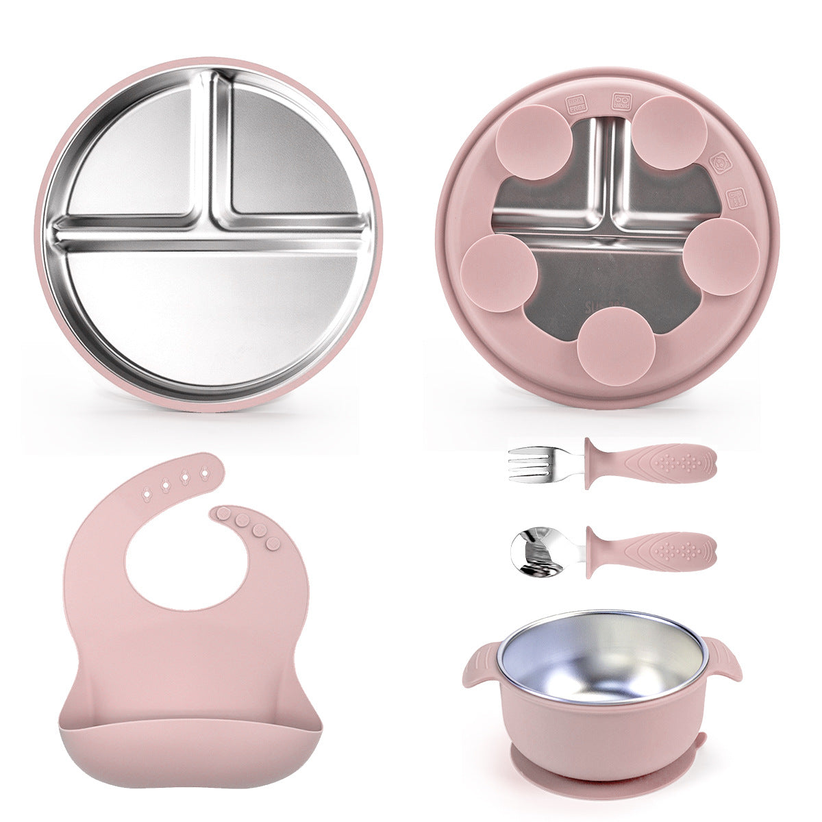 Baby Feeding Set – 304 Stainless Steel Plate with BPA-Free Silicone Bowl, Spoon, Fork & Bib