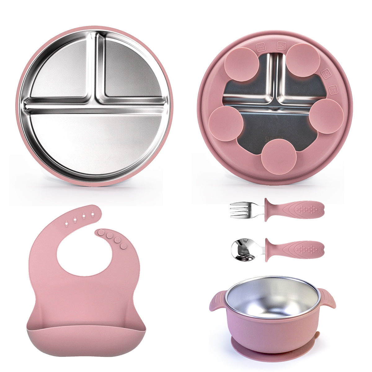 Baby Feeding Set – 304 Stainless Steel Plate with BPA-Free Silicone Bowl, Spoon, Fork & Bib