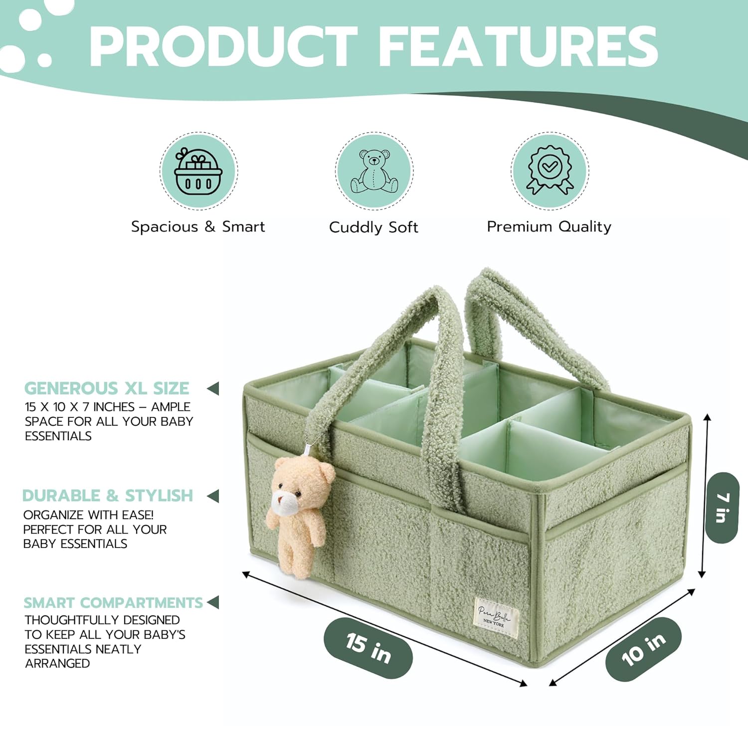 Diaper Caddy Organizer For Changing Table, Versatile Baby Diaper Caddy – Plush Sherpa Organizer with Teddy Bear Charm
