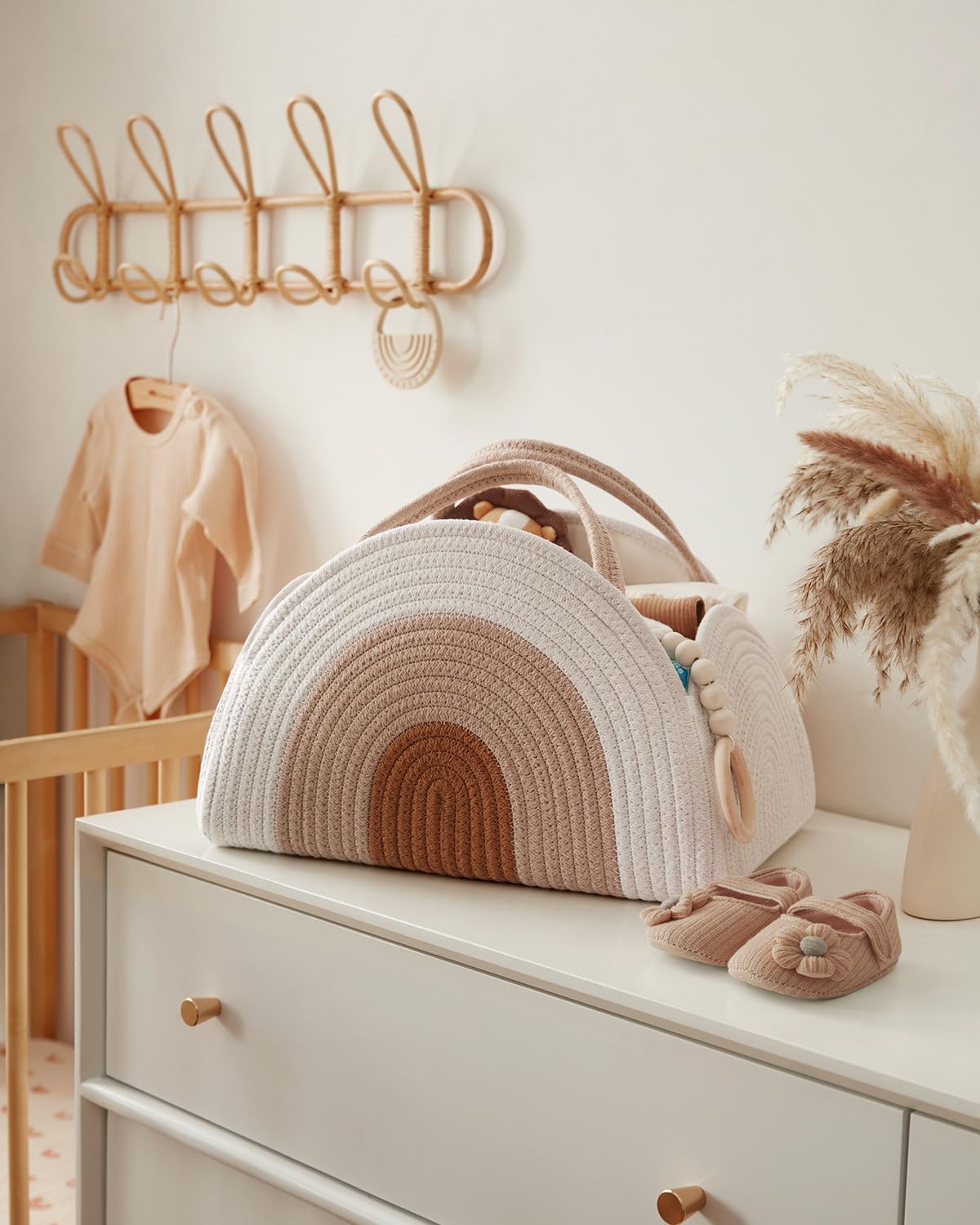 Baby Diaper Caddy Organizer, Cotton Rope Diaper Caddy Basket, Large Storage Basket 37x27x22cm For Newborn Boys And Girls, Gift For Baby Shower List, Newborn Essentials, Earthy Rainbow