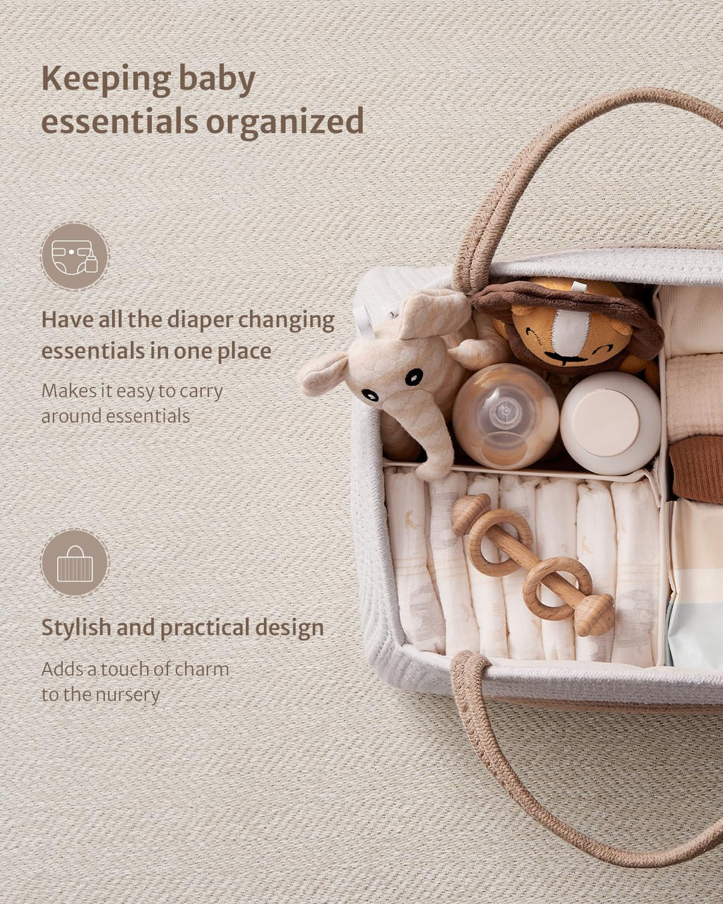 Baby Diaper Caddy Organizer, Cotton Rope Diaper Caddy Basket, Large Storage Basket 37x27x22cm For Newborn Boys And Girls, Gift For Baby Shower List, Newborn Essentials, Earthy Rainbow