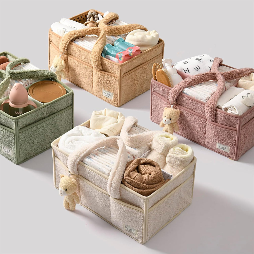 Diaper Caddy Organizer For Changing Table, Versatile Baby Diaper Caddy – Plush Sherpa Organizer with Teddy Bear Charm
