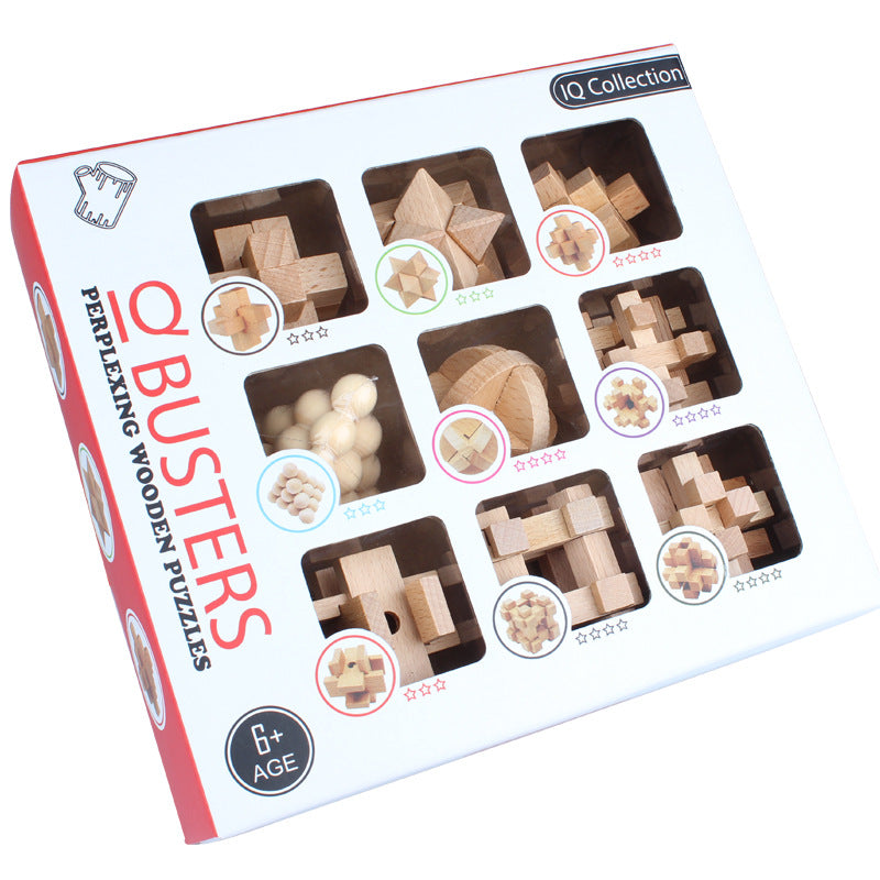 Wooden Brain Teaser Puzzle Set (9-Piece) – Logic & Thinking Gift for Kids & Adults