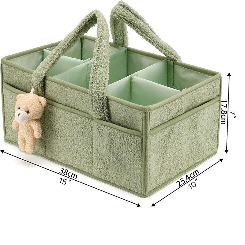 Diaper Caddy Organizer For Changing Table, Versatile Baby Diaper Caddy – Plush Sherpa Organizer with Teddy Bear Charm