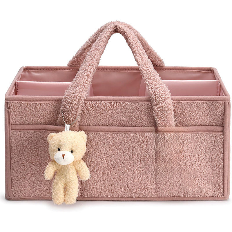 Diaper Caddy Organizer For Changing Table, Versatile Baby Diaper Caddy – Plush Sherpa Organizer with Teddy Bear Charm