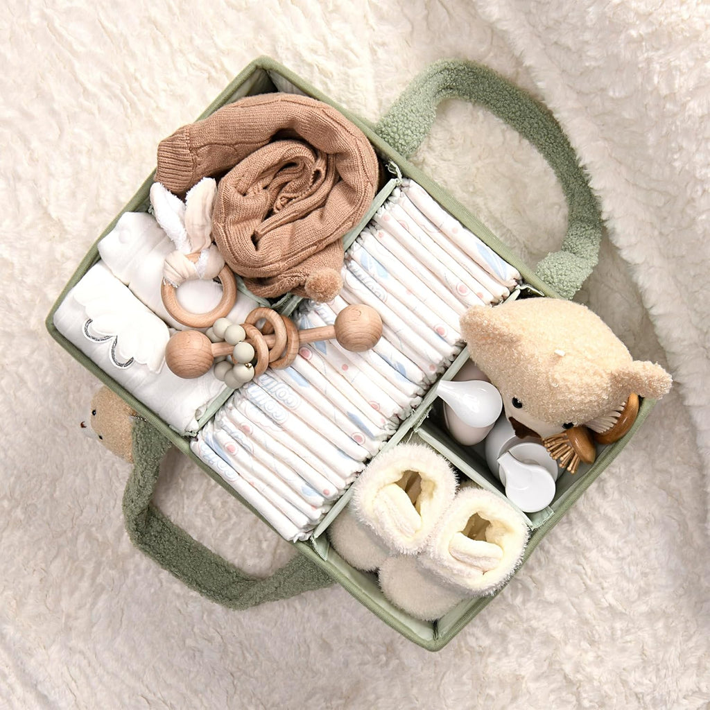 Diaper Caddy Organizer For Changing Table, Versatile Baby Diaper Caddy – Plush Sherpa Organizer with Teddy Bear Charm